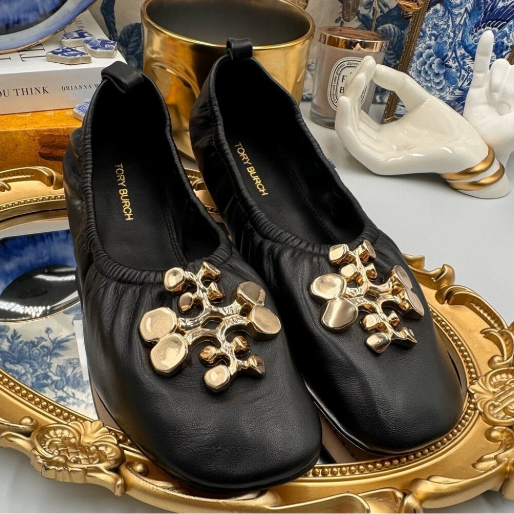 🆕 TORY BURCH 🧿 BNWOB Black Sheepskin Leather Abstract Logo Scrunch Ballet Flat - Picture 4 of 15